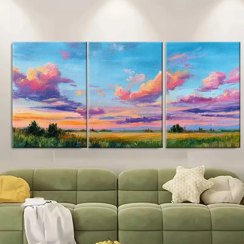 3pcs Sunset Cloud & Summer Field Meadow Metal Print Ready to Hang Art