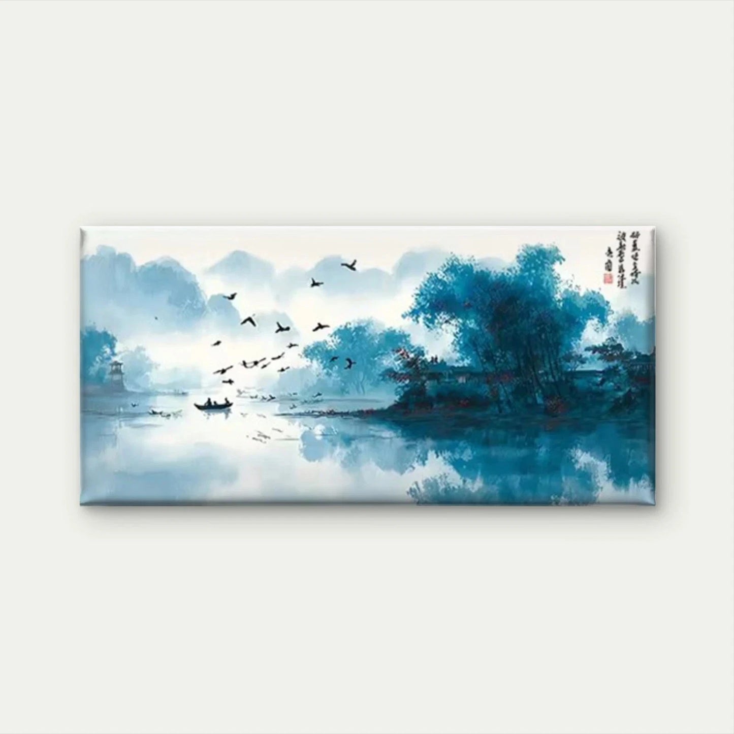 Landscape with Rowboat & Birds Wall Art Canvas Office Home Room Framed 120x60cm