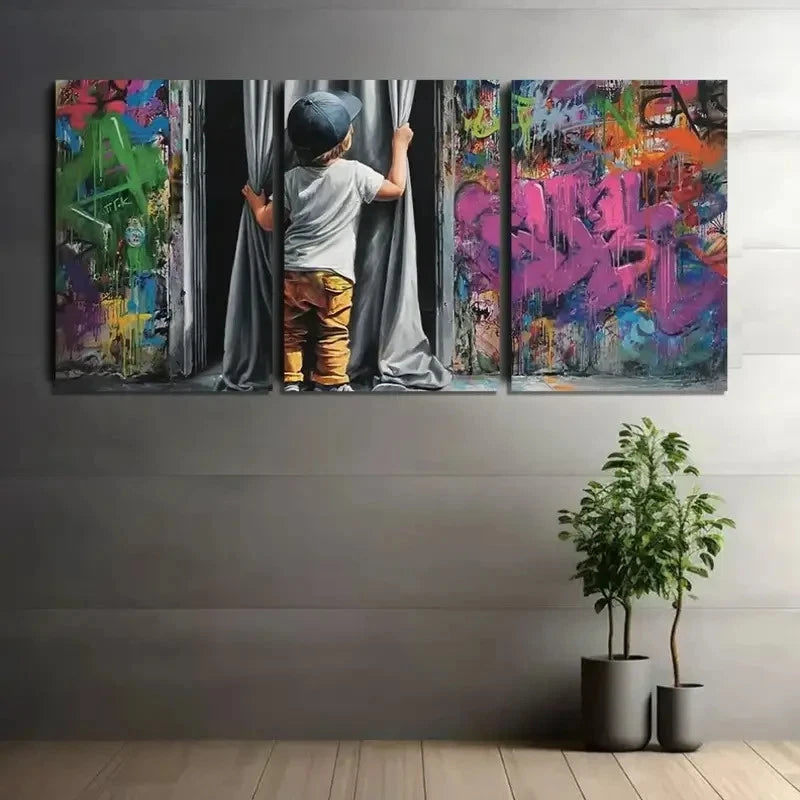 3pcs Boy Revealing Graffiti Behind Curtain Metal Print Ready to Hang Art - Bella Home Decor