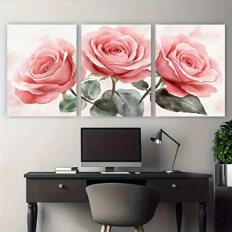 3pcs Blush Pink Rose Bouquet Watercolor Design Metal Print Ready to Hang Art - Bella Home Decor