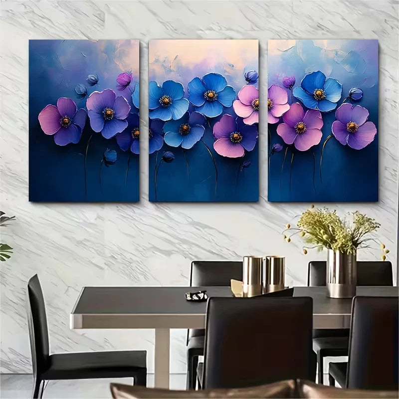 3pcs Purple Blue Spring Flower Bouquet Wall Art Set Canvas Framed 50x70cm - High Quality Print 100% Australian Made Wall Canvas Ready to Hang