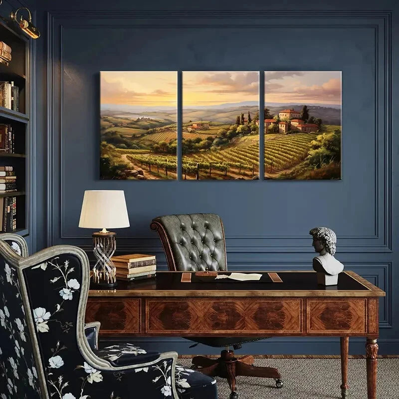 3pcs Sunset Vineyard Tuscan Hills Rural Landscape Metal Print Ready to Hang Art - Bella Home Decor