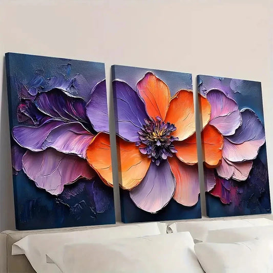 3pcs Abstract Flower Purple Textured PT Wall Art Set Canvas Framed 60x90cm - High Quality Print 100% Australian Made Wall Canvas Ready to Hang