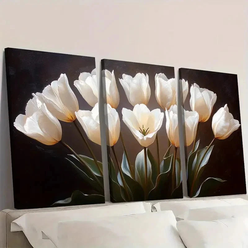 3pcs White Tulips with Black WE  Wall Art Set Canvas Framed 50x70cm - High Quality Print 100% Australian Made Wall Canvas Ready to Hang