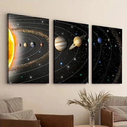 3pcs Modern Cosmic Art Black Line & Space Sun Wall Art Canvas Unframed - High Quality Print 100% Australian Made Wall Canvas