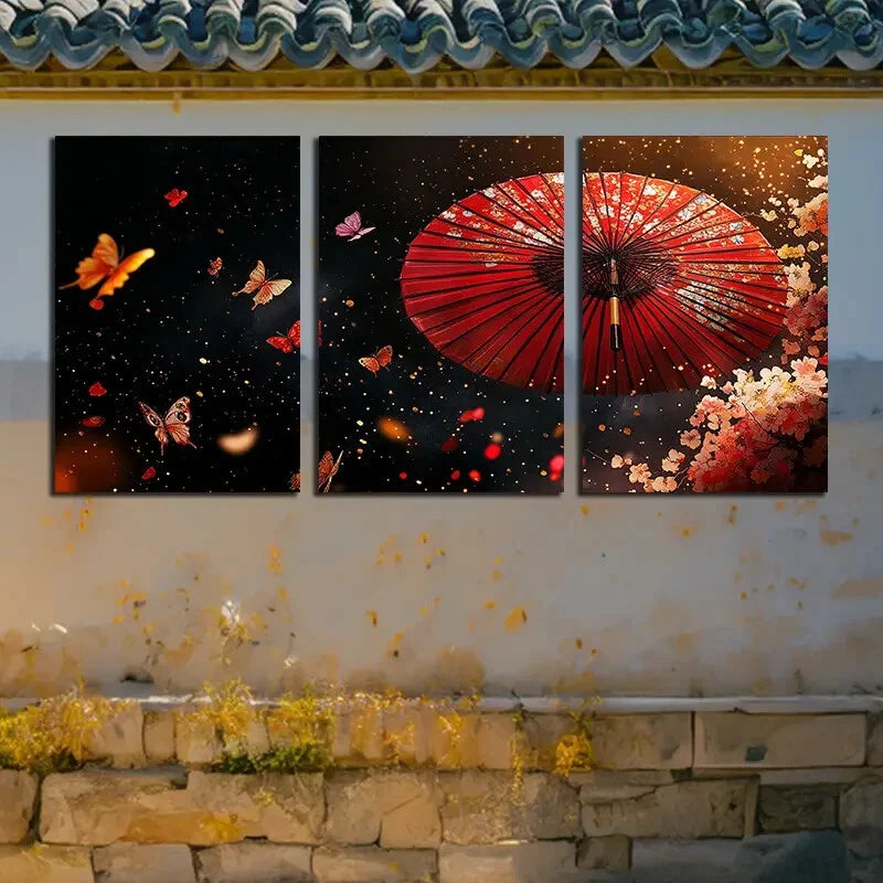 3pcs Red Flower and Paper Umbrella Design Metal Print Ready to Hang Art - Bella Home Decor
