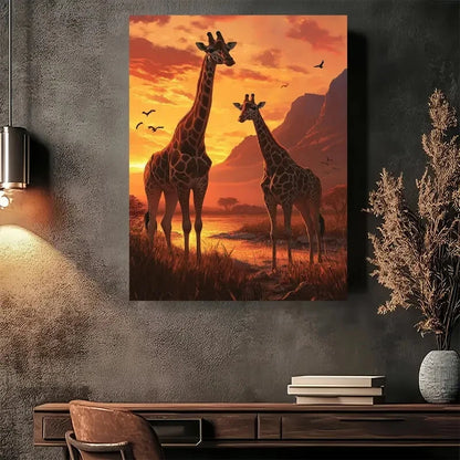 Beautiful Giraffe Sunset Safari Modern Painting 40x60cm Metal Print Ready to Hang - Bella Home Decor