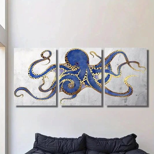 3pcs Navy Golden Blue and Gray Abstract Octopus Metal Print Ready to Hang Art