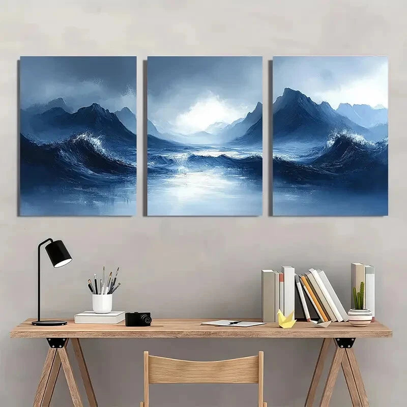 3pcs Mountain and Ocean Abstract Landscape Metal Print Ready to Hang Art - Bella Home Decor