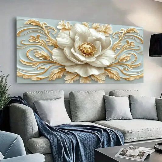 Elegant White Floral and Golden Wall Art Canvas Office Home Room Framed 120x60cm