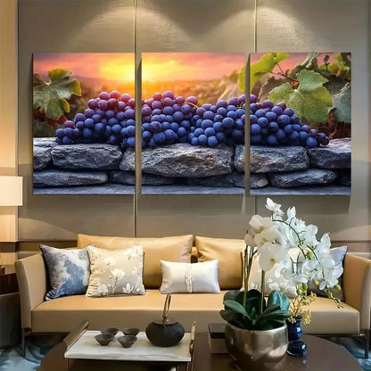 3pcs Mystical Vineyard with Colossal Grape Cluster Metal Print Ready to Hang Art