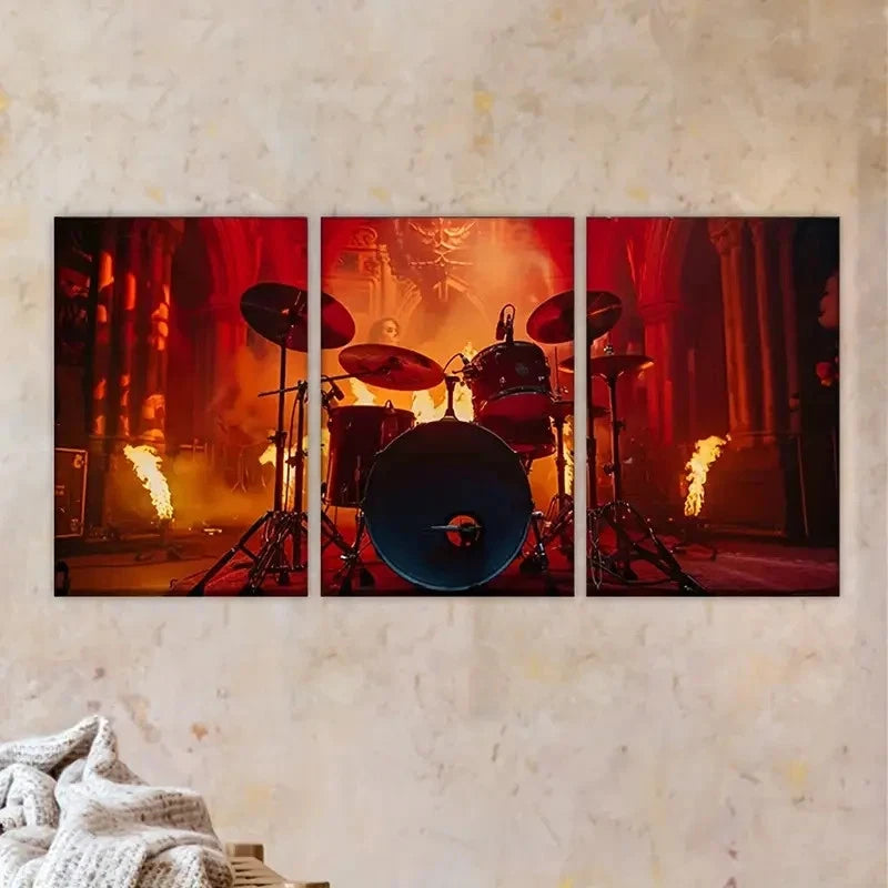 3pcs Burning Drum Set in a Dimly Lit Space Wall Art Set Canvas Framed 50x70cm - High Quality Print 100% Australian Made Wall Canvas Ready to Hang - Bella Home Decor
