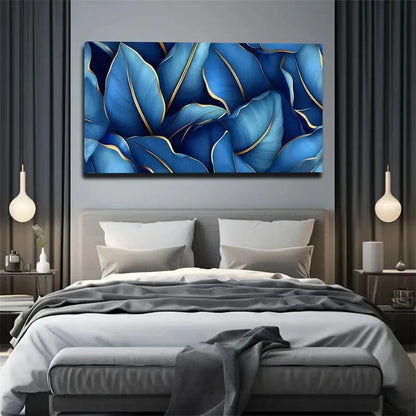 Stacked Blue & Golden Leaf Wall Art Canvas Office Home Room Framed 120x60cm