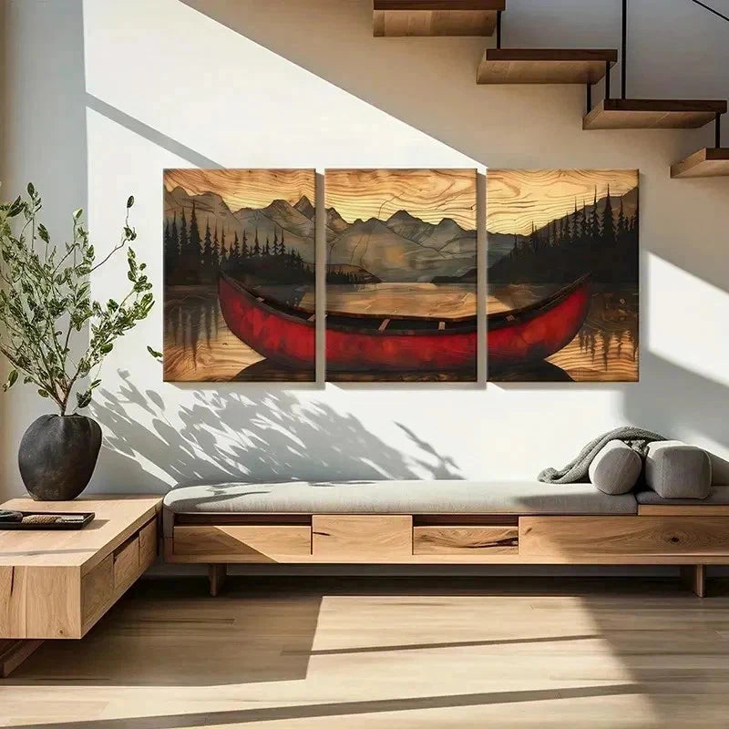 3pcs Red Canoe Mountain Range Forest Wall Art Set Canvas Framed 50x70cm - High Quality Print 100% Australian Made Wall Canvas Ready to Hang