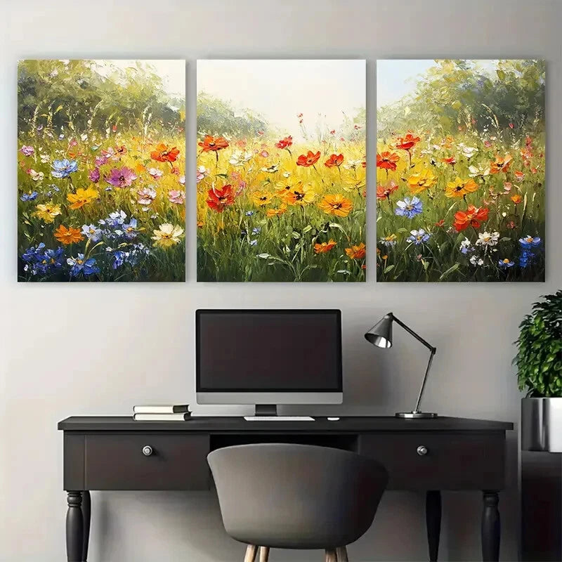 3pcs Floral Meadow Sunlit Wildflowers Field Design Metal Print Ready to Hang Art - Bella Home Decor