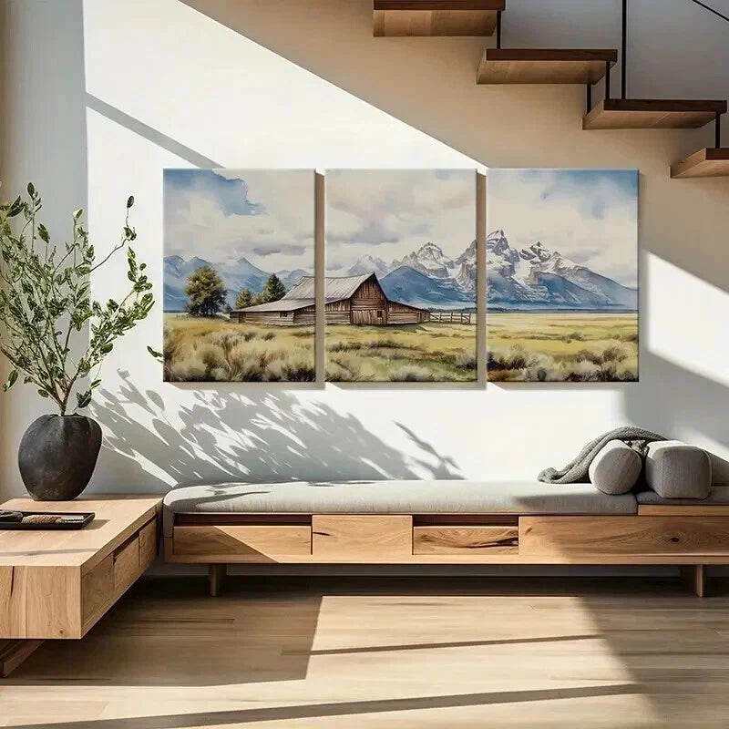 3pcs Mountain Barn Rustic Landscape Snowy Peak Wall Art Set Canvas Framed 50x70cm - High Quality Print 100% Australian Made Wall Canvas Ready to Hang - Bella Home Decor