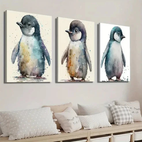 3pcs Colorful Cartoon Animal Penguin Decor Wall Art Set Canvas Unframed - High Quality Print 100% Australian Made Wall Canvas - Bella Home Decor