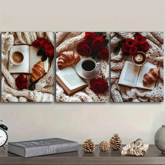3pcs A book, red roses, bread Metal Print Ready to Hang Art