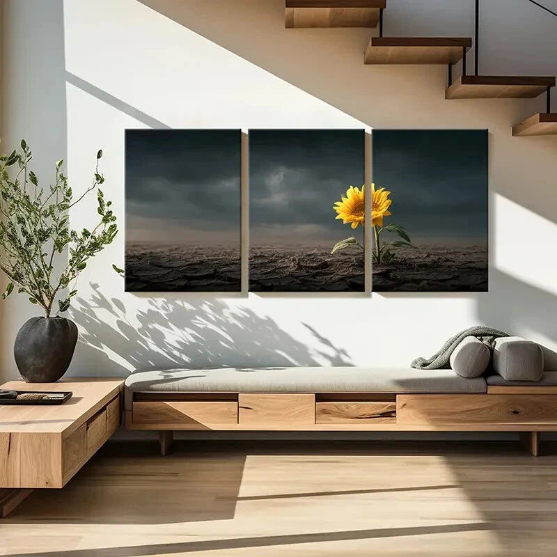 3pcs Sunflower Dark Sky Cracked Earth Metal Print Ready to Hang Art - Bella Home Decor