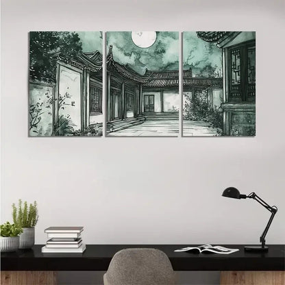 3pcs Chinese Courtyard Under the Northern Wall Art Set Canvas Framed 50x70cm - High Quality Print 100% Australian Made Wall Canvas Ready to Hang - Bella Home Decor