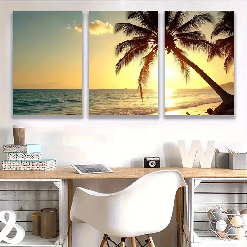 3pcs Yellow Tropical Beach Palm Tree Sunset   Wall Art Set Canvas Framed 50x70cm - High Quality Print 100% Australian Made Wall Canvas Ready to Hang - Bella Home Decor