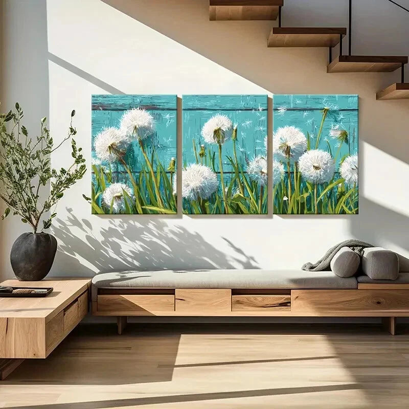 3pcs Dandelion Art White Fluff Blue Background Metal Print Ready to Hang Art - Bella Home Decor