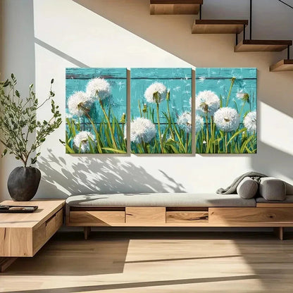 3pcs Dandelion Art White Fluff Blue Background Metal Print Ready to Hang Art - Bella Home Decor