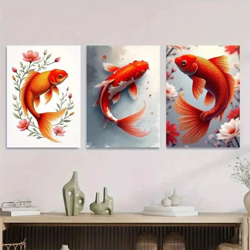 3pcs Vintage Goldfish Elegant Koi Fish Floral Wall Art Set Canvas Unframed - High Quality Print 100% Australian Made Wall Canvas