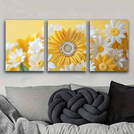 3pcs Sunflower and Daisy Florals Design Metal Print Ready to Hang Art