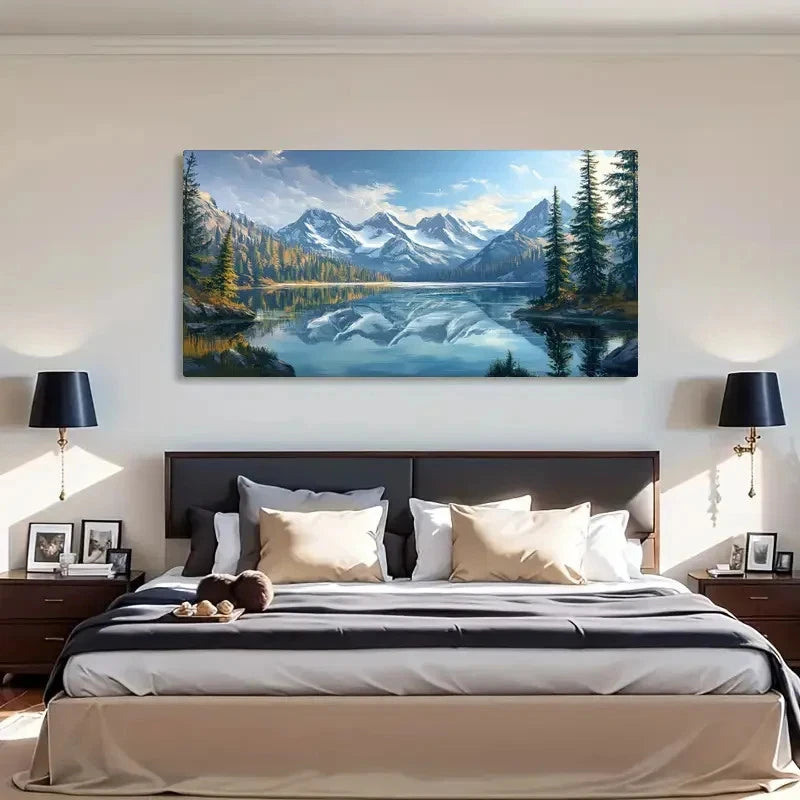 Snowy Mountain Lake Nature Wall Art Canvas Office Home Room Framed 120x60cm - Bella Home Decor