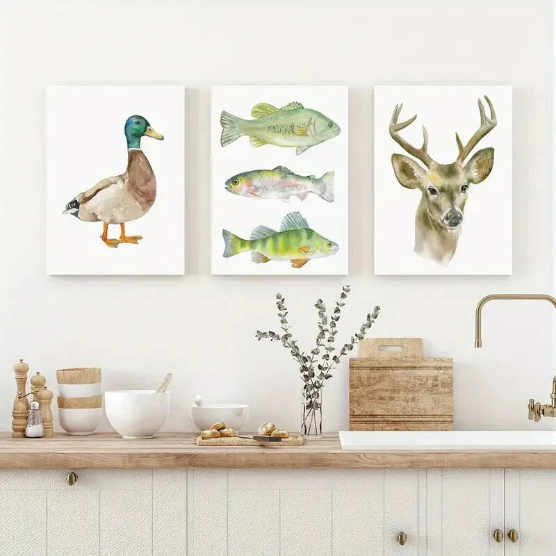 3pcs Watercolor Animal Prints Hunting & Fishing Metal Print Ready to Hang Art - Bella Home Decor