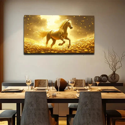 Golden Horse Through Golden Wall Art Canvas Office Home Room Framed 120x60cm