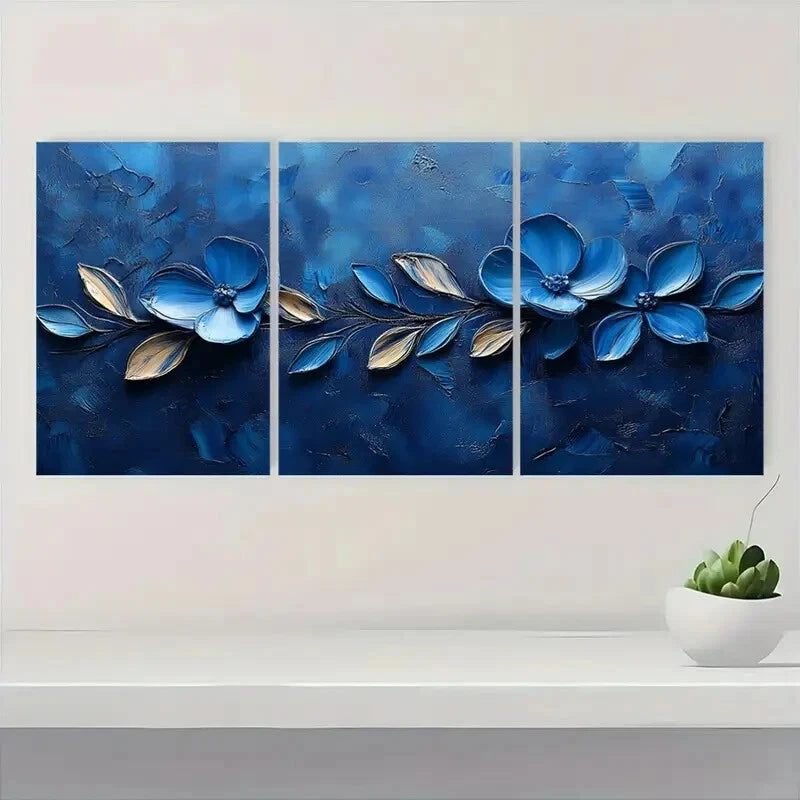 3pcs Featuring Vibrant Blue Flowers and Leaves Metal Print Ready to Hang Art - Bella Home Decor