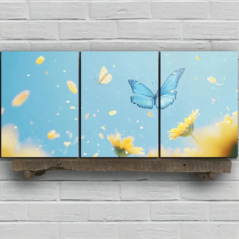 3pcs Sunflowers and Blue Butterfly Metal Print Ready to Hang Art - Bella Home Decor