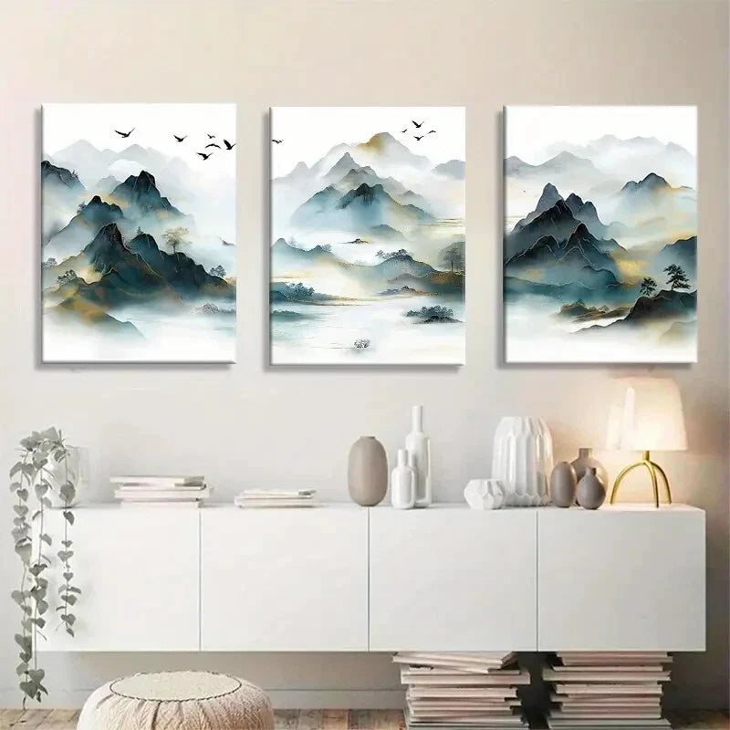 3pcs Misty Mountain Flying Birds Metal Print Ready to Hang Art - Bella Home Decor