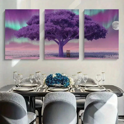 3pcs Solitary Tree Under Northern Lights Metal Print Ready to Hang Art - Bella Home Decor