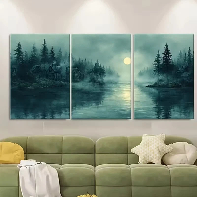 3pcs Illustration of Green River Landscape Metal Print Ready to Hang Art