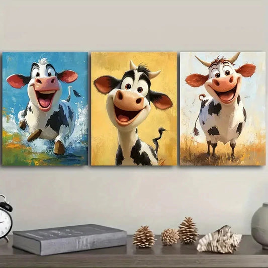 3pcs a cute, happy cow Wall Art Set Canvas Framed 40x60cm - High Quality Print 100% Australian Made Wall Canvas Ready to Hang