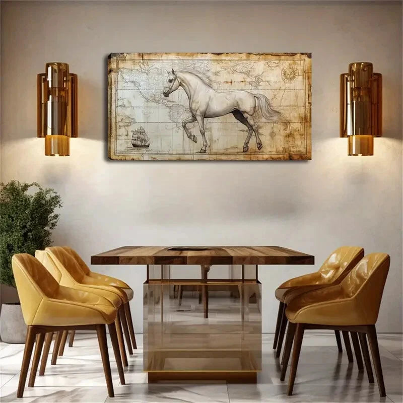 White Horse Ancient Map Design Wall Art Canvas Office Home Room Framed 120x60cm - Bella Home Decor