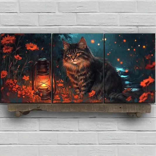3pcs Kitten And Lantern Flowers Wall Art Set Canvas Framed 60x90cm - High Quality Print 100% Australian Made Wall Canvas Ready to Hang