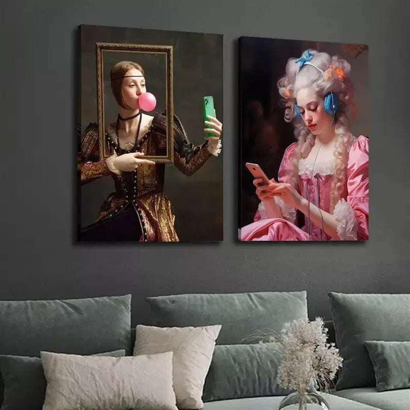 2pcs Painting, Funny Renaissance, Baroque Style, Vintage Female Canvas Framed 50x75cm - High Quality Print 100% Australian Made Wall Canvas Ready to Hang - Bella Home Decor