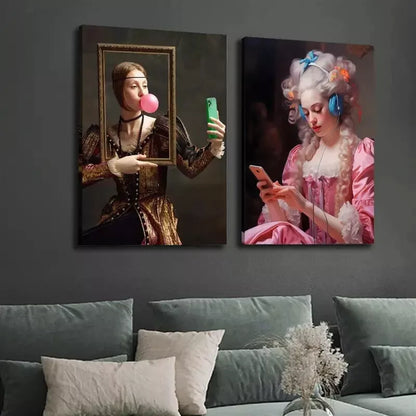 2pcs Painting, Funny Renaissance, Baroque Style, Vintage Female Canvas Framed 50x75cm - High Quality Print 100% Australian Made Wall Canvas Ready to Hang - Bella Home Decor