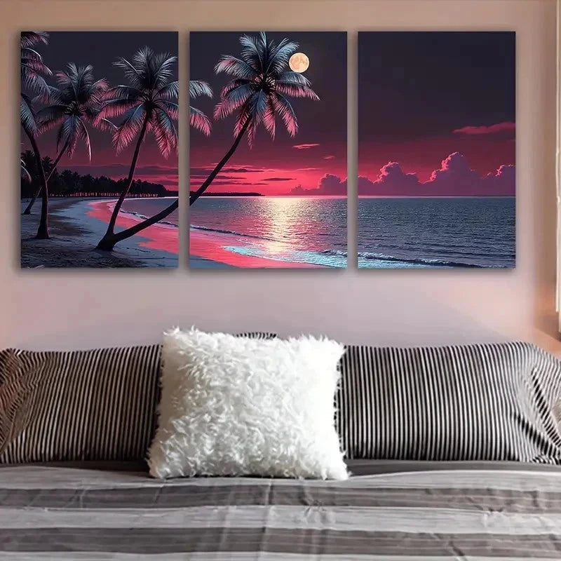 3pcs Full Moon Over The Beach Scene Wall Art Set Canvas Framed 40x60cm - High Quality Print 100% Australian Made Wall Canvas Ready to Hang - Bella Home Decor