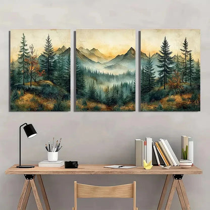 3pcs Vintage Pine Trees Forest Painting Wall Art Set Canvas Framed 60x90cm - High Quality Print 100% Australian Made Wall Canvas Ready to Hang - Bella Home Decor
