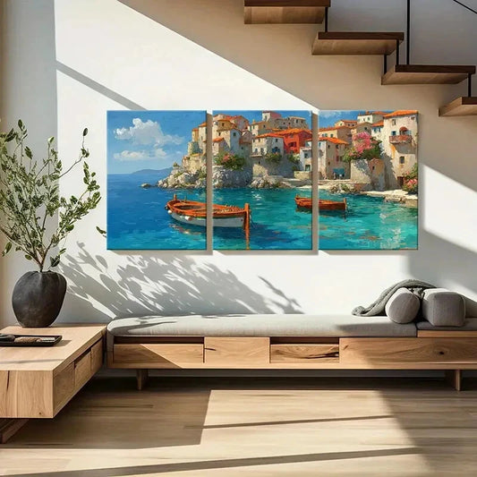 3pcs Artistic Coastal Village Mediterranean Style Metal Print Ready to Hang Art
