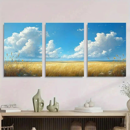 3pcs White Cloudy Blue Sky & Golden Wheat Field Metal Print Ready to Hang Art - Bella Home Decor