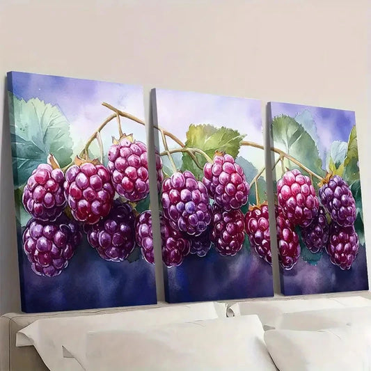 3pcs Blackberry Watercolor Painting YU Wall Art Set Canvas Framed 60x90cm - High Quality Print 100% Australian Made Wall Canvas Ready to Hang