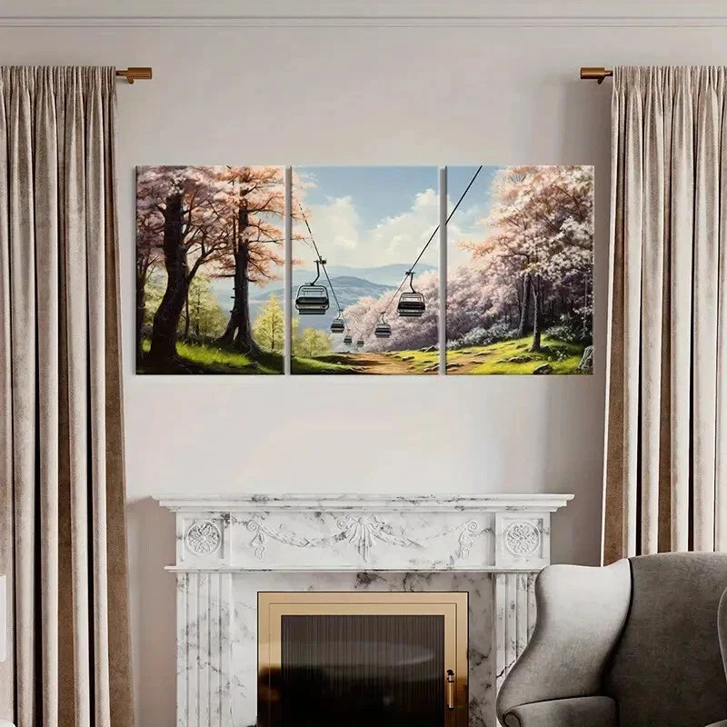 3pcs Sakura Cable Car Mountain View Forest Metal Print Ready to Hang Art - Bella Home Decor