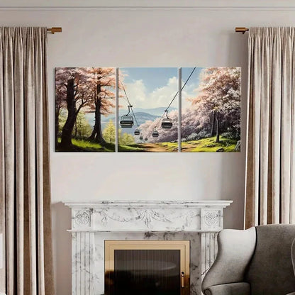 3pcs Sakura Cable Car Mountain View Forest Metal Print Ready to Hang Art - Bella Home Decor