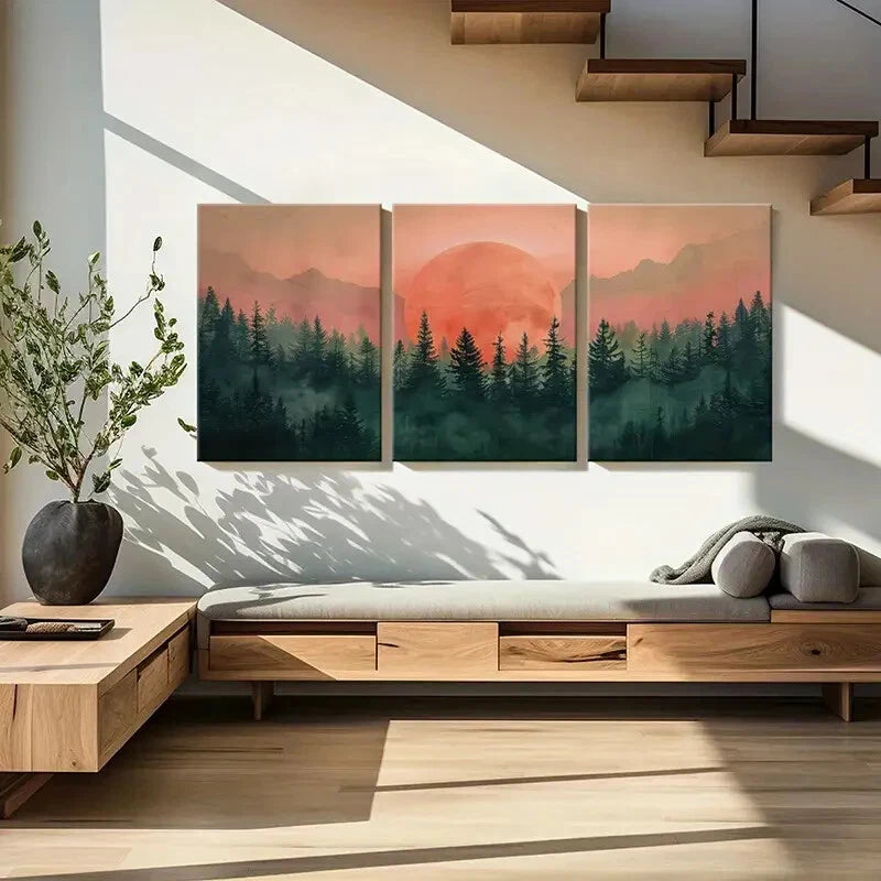 3pcs Sunset Forest Mountains Vintage Metal Print Ready to Hang Art - Bella Home Decor